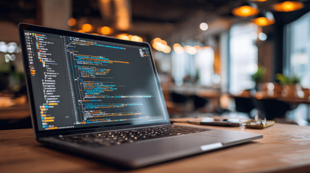 A stylish laptop showcasing colorful code sits on a wooden desk in a vibrant workspace, blending creativity and technology with a warm ambient atmosphere.の素材