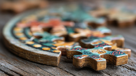 A captivating closeup of colorful wooden puzzle pieces arranged on a rustic table, showcasing intricate patterns and details perfect for creative projects.の素材