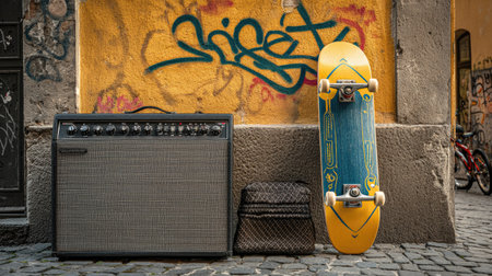 This vibrant urban scene showcases a colorful skateboard and an electric amplifier against a striking graffiti wall, reflecting youth culture and creativity.の素材
