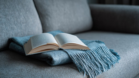 An inviting scene showcasing an open book resting on a soft blanket, creating a cozy atmosphere in a modern living room perfect for relaxation.の素材
