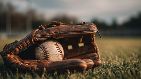 A close-up view of a vintage leather baseball glove holding a baseball, resting on lush green grass during sunset, symbolizing a timeless sport.の素材