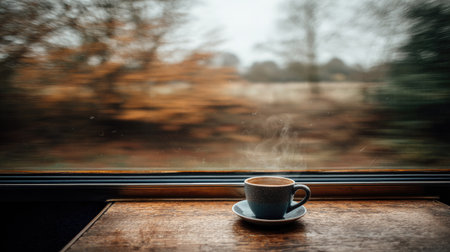 A serene coffee cup sits on a wooden table beside a train window, with steam rising gently. Outside, blurred autumn scenery enhances the cozy travel experience.の素材