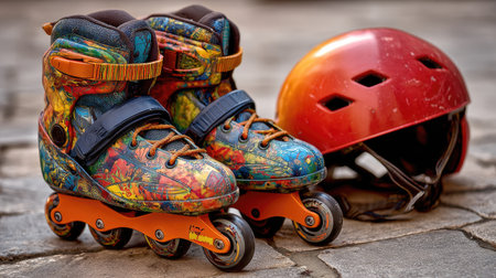 A pair of colorful roller skates with vibrant patterns sits beside a red safety helmet on a cobblestone surface, perfect for sport and leisure.の素材