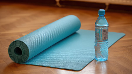 A vibrant blue yoga mat rolls out beside a water bottle, exemplifying the perfect setup for a fitness or yoga session, promoting health and wellness.の素材