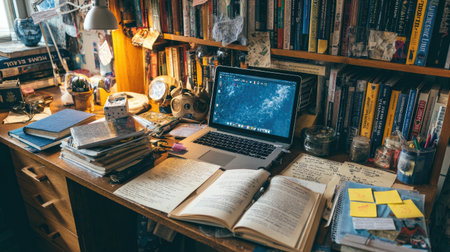 A cozy study space features an open book and a laptop on a cluttered wooden desk, surrounded by shelves filled with books, notes, and stationery.の素材