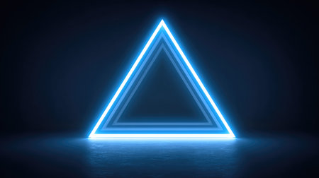 A striking neon glowing triangle illuminates a dark background, showcasing geometric design and modern aesthetics, ideal for creative projects or digital use.の素材