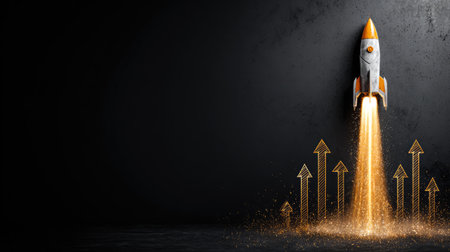 A striking image of a futuristic rocket launching with vibrant glow and rising arrows symbolizing growth, success, and innovation against a dark background.の素材