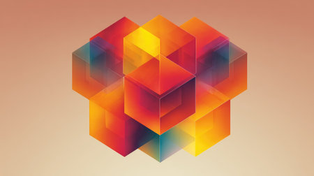 This striking abstract artwork features a colorful arrangement of vibrant 3D cubes with gradient transitions, set against a soft background. Ideal for artistic projects.の素材