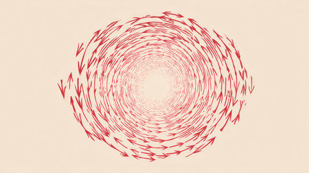 This abstract illustration features spiraling red arrows on a soft beige background, conveying a sense of dynamic motion and energetic flow in design.の素材