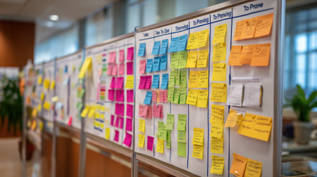 A vibrant office scene featuring boards filled with colorful sticky notes showcasing project ideas and workflows, fostering collaboration and innovation.の素材