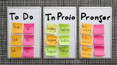 A visually appealing arrangement of colorful sticky notes on a board, serving as an effective tool for task management, organization, and enhanced productivity in any workspace.の素材