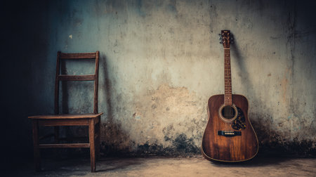 A charming acoustic guitar rests against a weathered wall beside a simple wooden chair, creating a tranquil and minimalist atmosphere perfect for music lovers.の素材