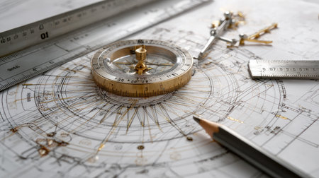 A vintage compass and drafting tools lay over intricate technical drawings on a workspace, emphasizing precision and creativity in design and engineering.の素材