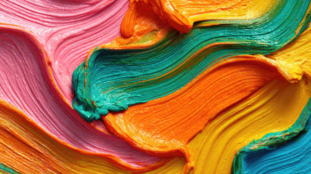 This image showcases an abstract swirl of colorful paint in vivid tones. The dynamic texture and vibrant colors create a lively backdrop perfect for artistic projects.の素材