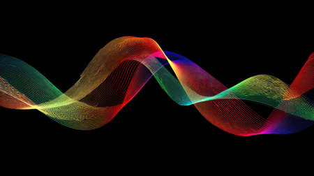 Vibrant and colorful waves of light create an engaging abstract design on a black background. This digital artwork showcases movement and fluidity, ideal for creative projects.の素材