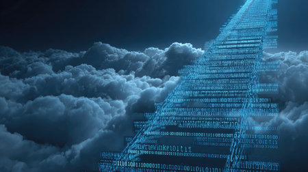 This imaginative image depicts a digital ascent represented by binary code rising through fluffy clouds, symbolizing the progression of technology and data.の素材