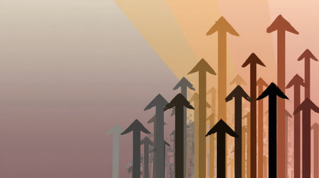 This abstract illustration features arrows pointing upward, symbolizing growth and success. The modern design showcases vibrant colors, representing progress and motivation. Perfect for themes of business, strategy, and development.の素材