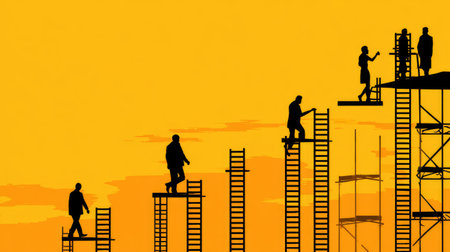 A captivating image showcasing the silhouettes of construction workers climbing ladders against a stunning yellow sunset sky, symbolizing hard work and teamwork.の素材