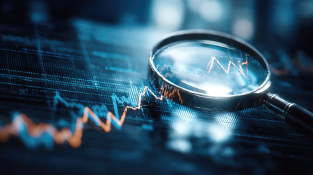 A detailed view of a magnifying glass highlighting stock market data, showcasing fluctuating graph lines that symbolize financial analysis and market trends.の素材