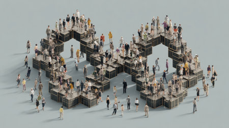 This image depicts a diverse crowd gathered in a modern urban setting, symbolizing community, connection, and engagement among people.の素材