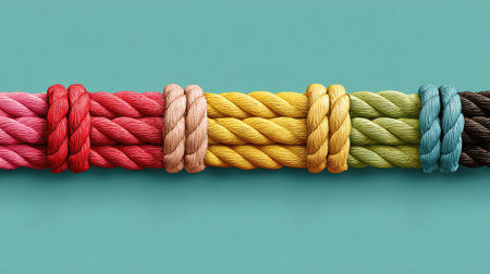 This image features a row of colorful twisted rope bundles set against a soft background, showcasing vibrant shades and textures ideal for crafts and design projects.の素材