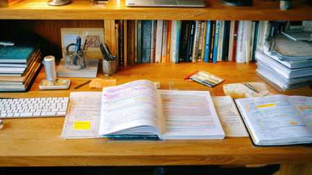 A well-organized study desk showcasing notebooks, writing tools, and books, presenting an ideal environment for learning and academic preparation.の素材