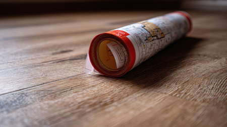 A rolled map resting on a wooden floor, showcasing intricate details and textures that inspire adventure and exploration for travel enthusiasts.の素材