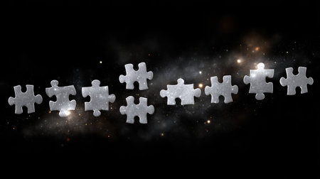 This captivating image features silver puzzle pieces floating against a cosmic backdrop filled with stars and mystery, symbolizing creativity and connection.の素材