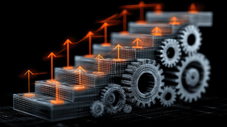 This digital illustration shows gears and upward graphs, symbolizing progress and growth in business and technology sectors, emphasizing innovation and performance metrics.の素材