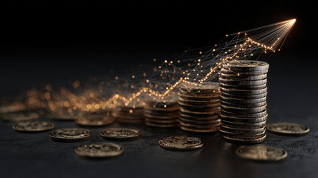 This striking image depicts a stack of coins with a dynamic growth chart illustrated above, symbolizing financial success and investment opportunities.の素材