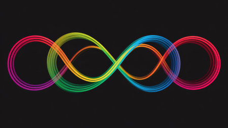 This stunning abstract image showcases a colorful infinite loop design created with smooth gradient lines, set against a striking black background. Perfect for modern art and design projects.の素材
