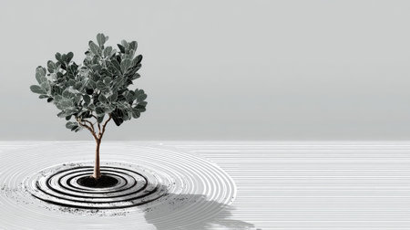 A stunning minimalist design featuring a single tree in a circular arrangement of soft lines and earth tones, exuding calmness and modern artistry.の素材
