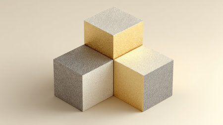 Three textured cubes in silver, gold, and white are arranged in a minimalist design. The soft background enhances the luxurious feel and visual appeal.の素材