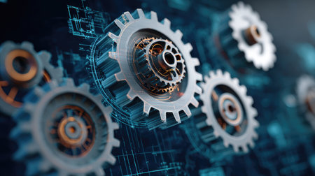 This image features a stunning closeup of metallic gears set against a backdrop of digital coding, symbolizing modern industrial technology and engineering.の素材