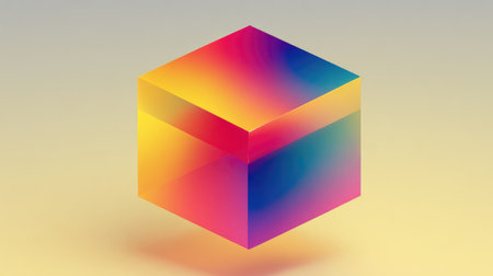 This vibrant abstract design features a colorful cube rendered with smooth gradients on a soft background, ideal for modern creative projects.の素材