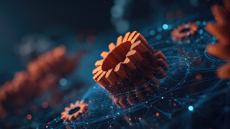 This striking digital artwork depicts interconnected gears surrounded by glowing particles, emphasizing themes of technology, innovation, and connectivity in a modern design.の素材