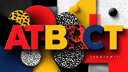 This vibrant abstract composition features bold typography and dynamic geometric shapes, creating an eye-catching visual appeal perfect for modern design projects.の素材