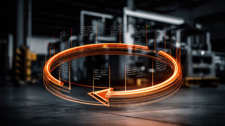 This powerful image captures dynamic circular motion with vibrant light trails and data visualization in an industrial environment, symbolizing energy and innovation.の素材