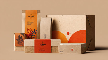 This image showcases a range of eco-friendly packaging designs featuring warm colors and natural textures, ideal for sustainable product branding.の素材