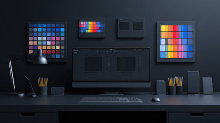 A sleek modern workspace showcasing a dark-themed desk with a computer monitor, colorful palettes on the wall, and minimalistic stationery items, highlighting creativity and organization.の素材
