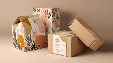 This image showcases an elegant arrangement of creatively designed packaging boxes featuring floral patterns and natural tones, ideal for product branding.の素材