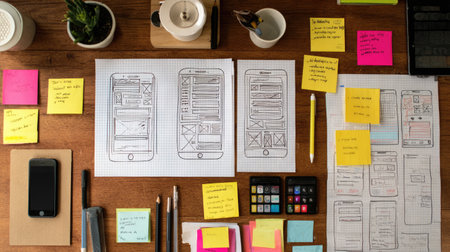 A vibrant workspace featuring detailed wireframes for a mobile app surrounded by colorful sticky notes, pens, and design tools, ideal for creative projects.の素材