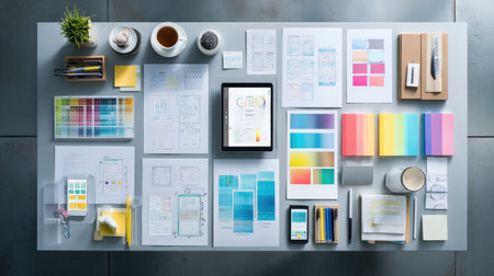 An organized creative workspace featuring colorful swatches, sketches, and design tools, perfect for artists and designers seeking inspiration and productivity.の素材