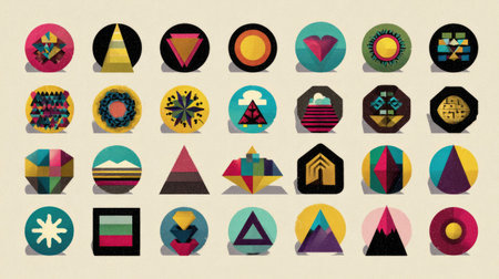 A vibrant collection of colorful geometric shapes showcases various forms including circles, triangles, and squares, creating a modern artistic feel.の素材