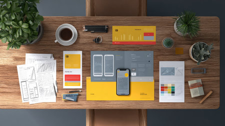 A modern workspace featuring design documents, a smartphone, coffee cup, and green plants arranged on a wooden table. The layout emphasizes minimalism and creativity.の素材