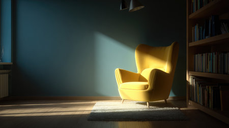 A bright yellow armchair stands elegantly in a modern room with a blue wall, illuminated by gentle sunlight. The cozy space features wooden bookshelves, offering a serene atmosphere for relaxation and reading.の素材