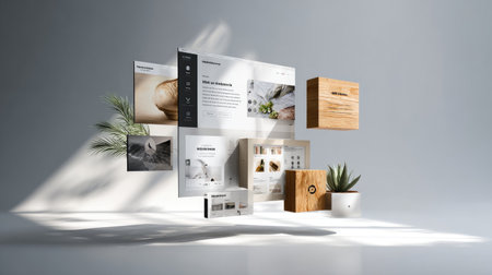 Creative digital marketing concept featuring a modern web design layout with clean elements, minimalist aesthetic, and nature-inspired decor elements.の素材