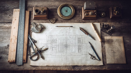 A beautifully arranged workspace featuring vintage drawing tools and blueprints on a rustic wooden desk, epitomizing creativity and classic craftsmanship.の素材