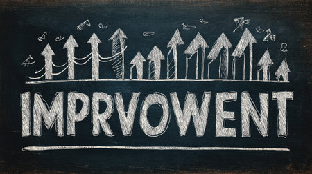 This artistic chalkboard design features bold typography and upward arrows, symbolizing progress and improvement in various fields. Perfect for educational and motivational themes.の素材
