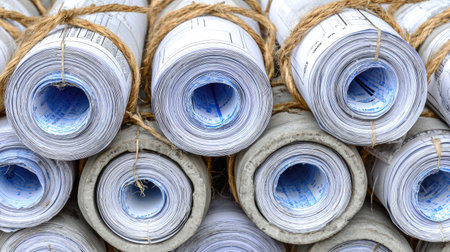 A close view of tightly rolled architectural blueprints bound with twine. Each roll reveals a clean edge, showcasing planning and precision essential for construction projects.の素材